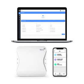 A Klevio device with the Klevio app on a smartphone and the Klevio dashboard on a laptop